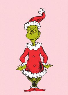 an image of the grin face in santa's hat and dress with his hands on his hips