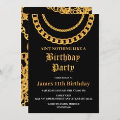 an elegant black and gold birthday party card with chains on the front, featuring a chain link