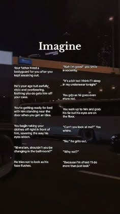 an advertisement for imagine on the side of a building at night with cars parked in front