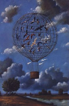 a painting of birds flying in a hot air balloon