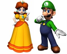 mario and princess peach are standing next to each other in front of a white background