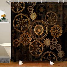 a shower curtain with gold gears on it