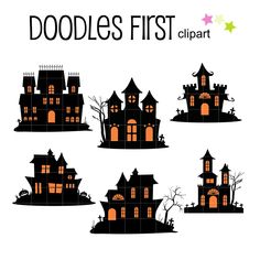 the silhouettes of halloween houses are shown in black and orange