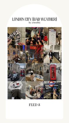 the london city bad weather poster is shown in multiple photos, including red telephone booths