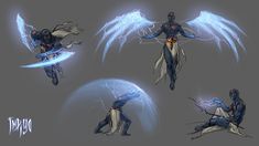 the concept art for an upcoming video game is shown in blue and white colors, including wings