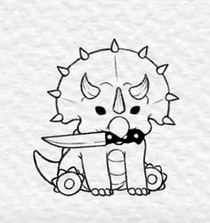 a drawing of a cat holding a knife in its mouth and wearing a bow tie