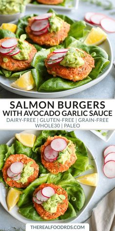 salmon burgers with avocado garlic sauce on a white plate topped with sliced radishes