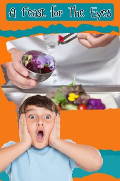 a boy is holding his hands up to his face as he holds a bowl with flowers in it