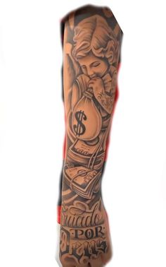 a man's arm with tattoos on it that says, made for the money