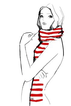 a drawing of a woman wearing a red and white striped scarf with her hands on her hips