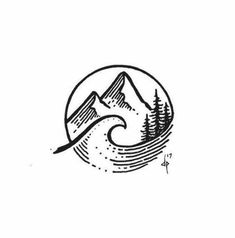 a black and white drawing of mountains with trees