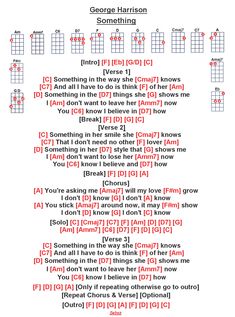 the guitar chords for george harrison's song, something in red and black is shown