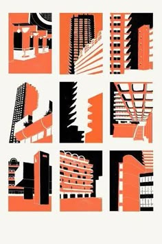 an orange and black poster with buildings on it's sides, all in different shapes