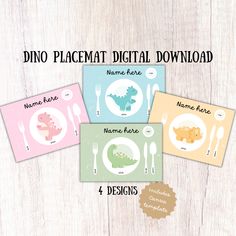 four placemats with dinosaurs on them and the words dino placemat digital printable