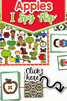 an apple themed poster with the words apples i spy flip