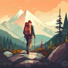 a man with a backpack and hiking poles is walking on a trail in the mountains