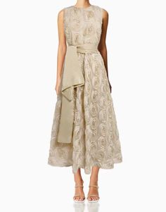 Hot Fashionista Lottie Tulle Satin Woven Belt Midi Dress Cream Festive Dress For Ceremony, Elegant Cream Dress For Festive Season, Elegant Cream Dress For Festive Occasions, Elegant Festive Cream Dress, Elegant Spring Ceremony Dresses, Beige Organza Party Dress, Elegant Gold Organza Dress, Elegant Gold Dress For Ceremony, Elegant Flats