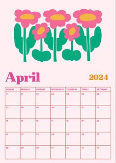 a calendar with pink flowers and green leaves