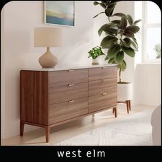 a living room scene with focus on the dresser and potted plant in the corner