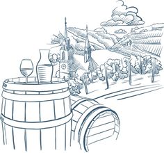 an ink drawing of a wine barrel with a view of the countryside in the background