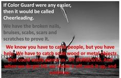 a girl is flying a kite in the sky with words below her that read, if color guard were any easier, then it would be called cheerleadering