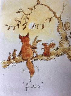 a drawing of some animals on a tree branch