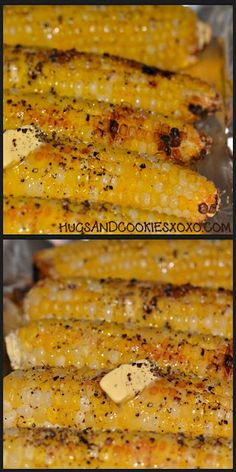 grilled corn on the cob with butter and seasoning is shown in two different ways