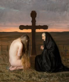 a painting of two women kneeling in front of a cross