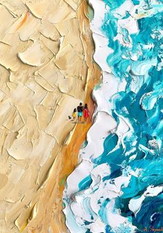 two people sitting on the beach in front of an ocean painting with blue and yellow colors