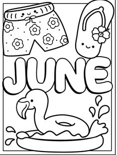 a coloring page with the words june and an image of a duck swimming in water