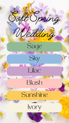 A color scheme inspired by spring flowers, perfect for a springtime wedding! Wedding Themes For August, May Outdoor Wedding Colors, Summer Wedding Colors Wildflowers, Best Spring Wedding Colors, Blue Spring Wedding Colors, Cottagecore Wedding Color Palette, Summer Wildflower Wedding Color Scheme, Wild Flower Wedding Palette, Wedding Party Colors Spring