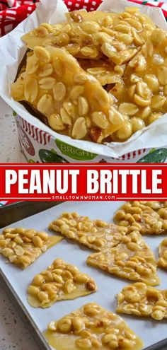 peanut brittle cookies on a baking sheet and in a paper container with the title overlay