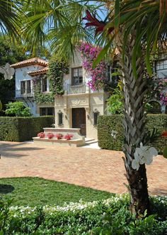 a house that is surrounded by plants and flowers