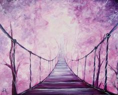 a painting of a bridge in the woods with pink and purple trees on it's sides