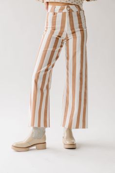 The Petersen Striped Pant in Toffee + Cream Striped Flare Pants, Striped Pant, Patterned Midi Dress, Cream Pants, Floral Vests, Winter Maternity, Work Fits, Textured Sweater, Drop Shoulder Sweaters