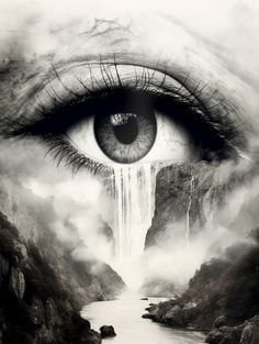 an eye with waterfall in the background