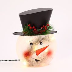 a snowman with a top hat and lights on it's head is shown in front of a white background