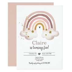 a rainbow birthday party card with clouds and stars