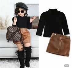 Leather Skirt Kids, Suit Sweater, Daughter Outfits, Leather Skirt Outfit, Pu Leather Skirt, Vegan Leather Skirt, Pullover Mode, Rock Outfit, Sweater Tops