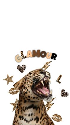 a leopard with its mouth open and the word glamour above it is surrounded by hearts