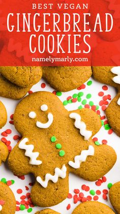 the best vegan gingerbread cookies with white frosting and sprinkles