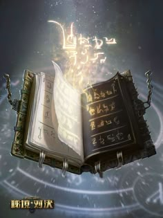 an open book with writing on it floating in the air and surrounded by symbols that spell out chinese characters