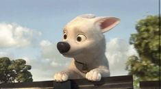 the animated dog is standing on top of a fence and looking over it's shoulder