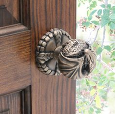 a close up of a door handle on a wooden door