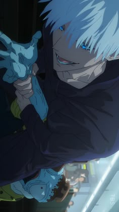 an anime character with white hair and blue eyes holding his hands up to the side