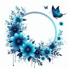 blue flowers and butterflies on a white background