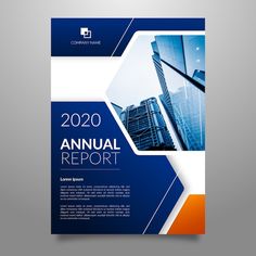 a blue and orange annual report cover with skyscrapers in the background, on a gray surface