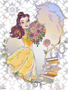 an image of a princess holding flowers and books