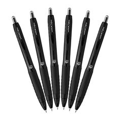 six black pens are lined up in a row on a white background, with the same pen pointed at each other