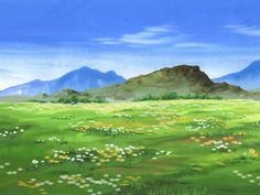 a painting of a green field with mountains in the background and flowers on the grass